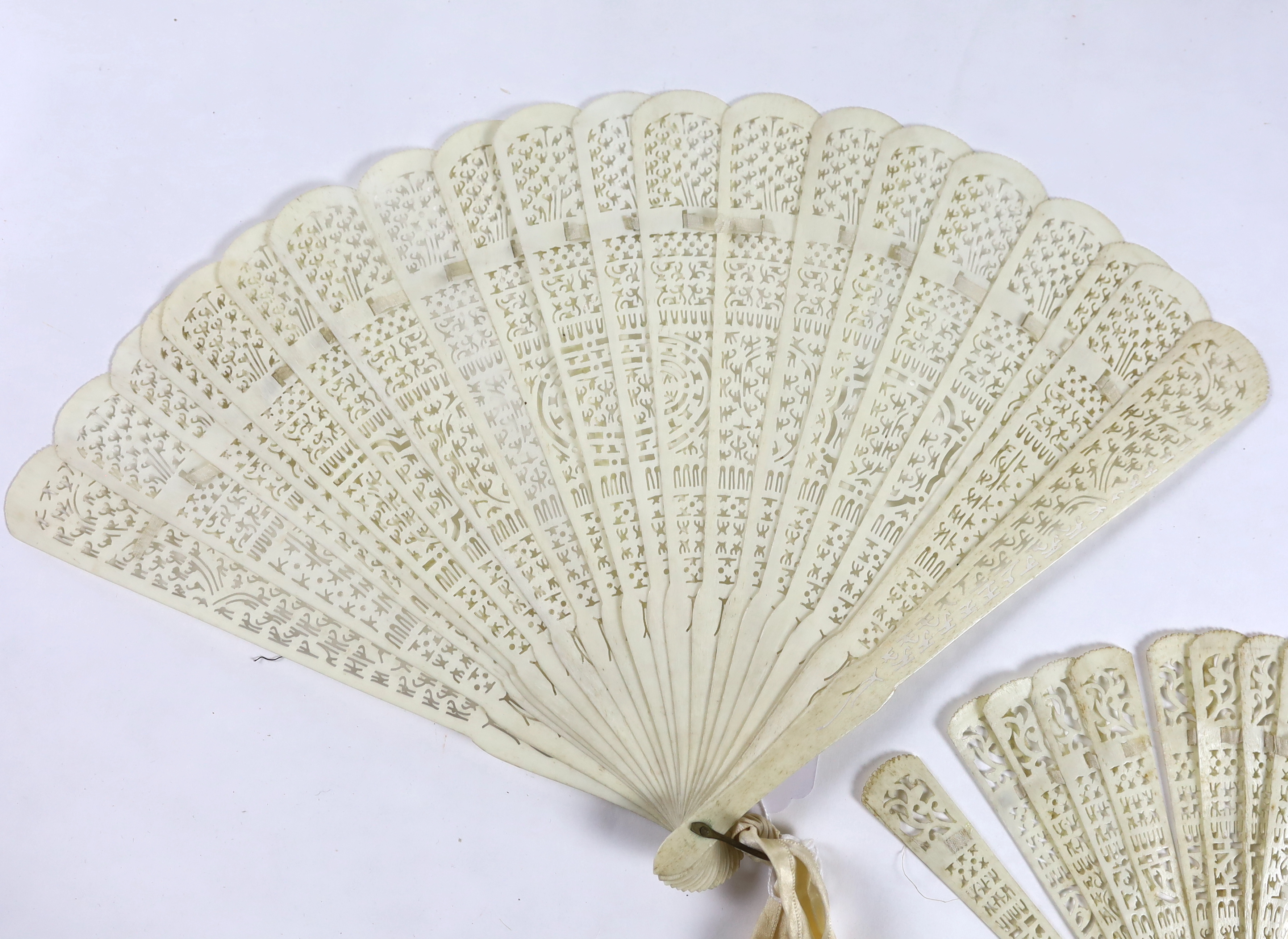 Three late 19th century 19th / early 20th century Chinese bone brisé fans